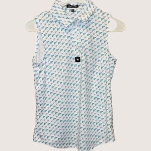 NWOT Bad Birdie Womens Sleeveless Golf Polo Shirt Teal Pink Pennant Print Size S